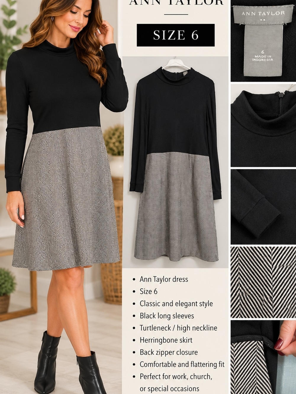Ann Taylor Black Top with Gray Herringbone Skirt Long Sleeve Dress